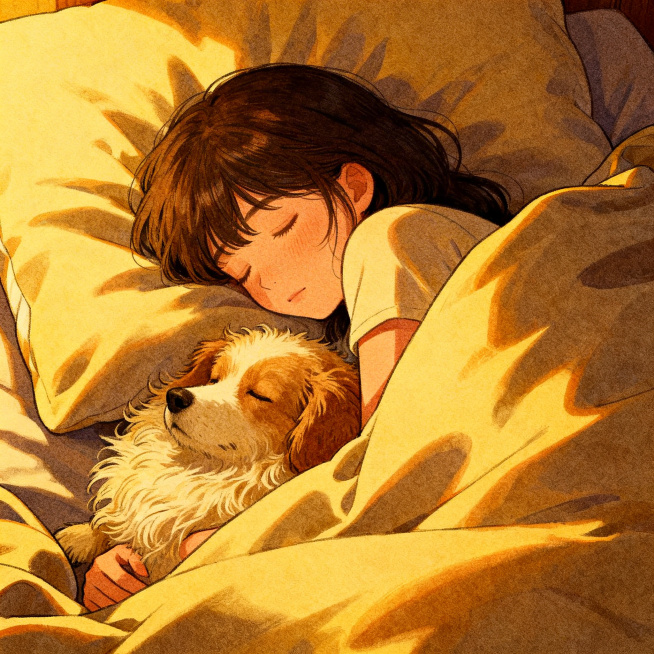 sayu.go风格的睡眠治愈插画，人物蜷缩在被窝中，与宠物相拥而眠，画面温暖安全，象征心灵的避风港和温柔暂停预览效果