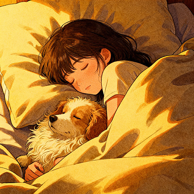 sayu.go风格的睡眠治愈插画，人物蜷缩在被窝中，与宠物相拥而眠，画面温暖安全，象征心灵的避风港和温柔暂停