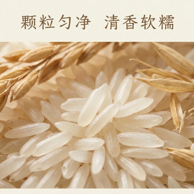 生成1:1淘宝主图，微距特写楚原秋香蕲春珍米的米粒，展示米粒晶莹剔透、饱满修长的细节，背景放少量稻穗做装饰，配文案“颗粒匀净 清香软糯”，浅米色自然背景，柔和光影，突出大米品质，农家原生态风格。预览效果