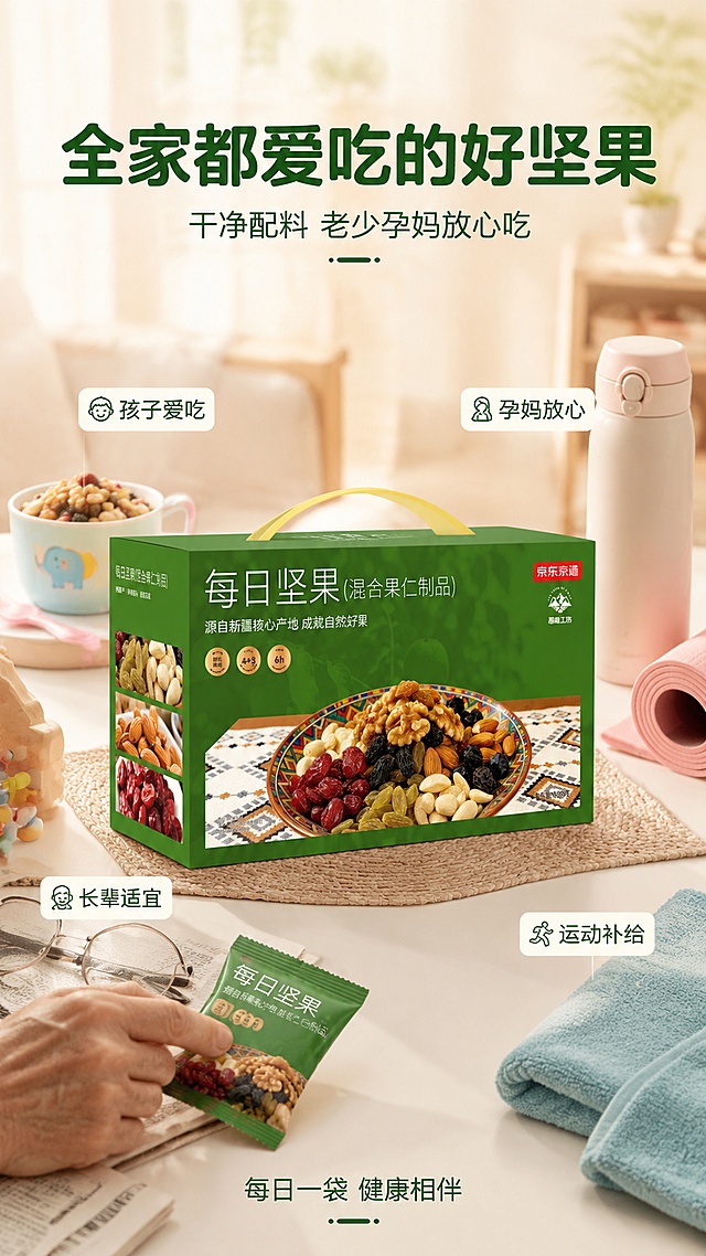 [第7屏] 全家适宜屏 · 老少孕妈都能吃。本屏使用【图1】作为产品主体，人物极少出现，以手部/局部/背影为主。
[氛围/风格] 温馨家庭感 + 健康安心感，柔和治愈食品摄影风。
[元素布局] 画面中央为【图1】礼盒，占比约45%，正面清晰；礼盒周围用生活化小物件暗示不同人群：左上角儿童小碗 + 小勺子（暗示孩子爱吃），右上角保温杯 + 瑜伽垫一角（暗示孕妈/健康人群），左下角老花镜 + 报纸一角（暗示老人适宜），右下角运动毛巾（暗示运动人群）；仅在左下角出现一只老人的手轻轻拿起一袋坚果（仅手部，不露脸），人物占比极小；背景为温暖的居家客厅虚化场景。
[光影质感] 柔和暖光，整体明亮温馨，礼盒表面有自然高光，阴影柔和。
[配色色系] 全局底色 #FAF5EC（暖米白）；主色深绿 #2E5D3A；辅助色暖棕、米白；点缀色淡粉、淡蓝。
[视角构图] 中心礼盒 + 四周小物件环绕构图，阅读动线从中心向外扩散。
[文字版式] 顶部主标题「全家都爱吃的好坚果」，副标题「干净配料 老少孕妈放心吃」，圆角黑体，字色深绿；四周4个小标签：「孩子爱吃」「孕妈放心」「长辈适宜」「运动补给」；底部小字「每日一袋 健康相伴」；字色保持深绿 + 米白统一。
[比例分辨率] 9:16 竖版比例，4K 分辨率，文字清晰可辨，高清画质。
[负向提示词] 人物面部出现，人物全身出现，人物过多，四宫格，礼盒变形，水印，文字过小，医疗功效表述。