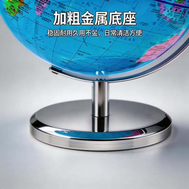 加粗金属地球仪底座细节特写，放大展示抛光金属底座和支架，突出金属材质的光泽和稳固结构，主标题写"加粗金属底座"，副标题写"稳固耐用久用不晃，日常清洁方便"，背景用浅渐变纯色，风格简约高级，突出产品细节预览效果