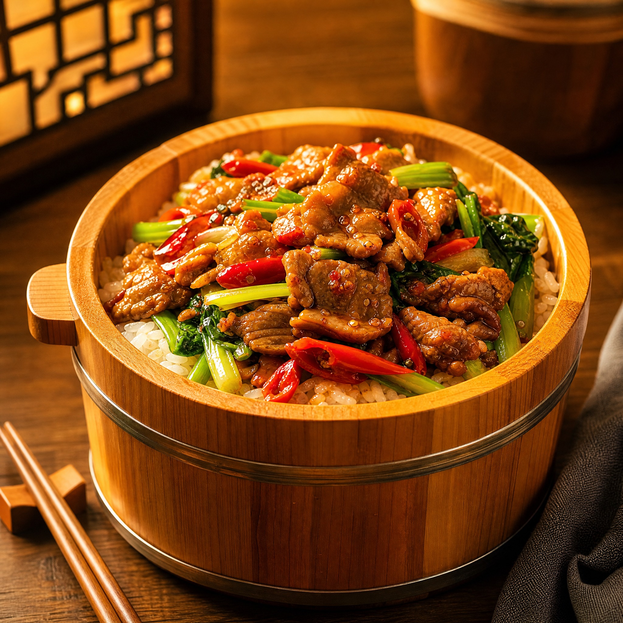 湘菜馆木桶饭餐厅头像设计，写实摄影风格，画面中央是一个精致的木… - 图片创意预览