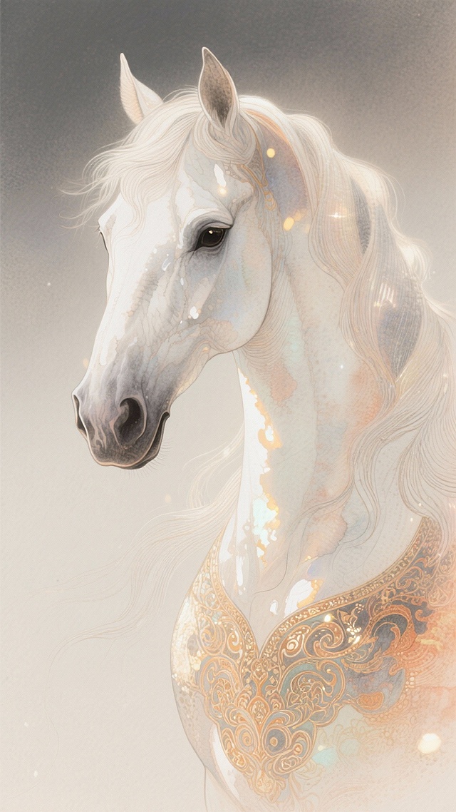 Adam Riches风格作品，肖像的精密线条，以单线连续线条绘画，让彩铅在纸上游走成即兴的排线，他的线条时而密集，时而疏朗，构筑立体感，层层叠叠，这些看似无序的线条轨迹，最终重构出古典巴洛克风格与极繁主义叙事。 拟人国风骏马，神秘感，华丽炫酷的花纹和质感、暖色调，整个画面散发出一种美轮美奂的诡异气质，威风霸道却又令人感觉到危险和恐惧，极致的细节刻画，极致的立体纹理，奢华、繁琐、恢弘、大气，超高清画质。骏马，正脸。