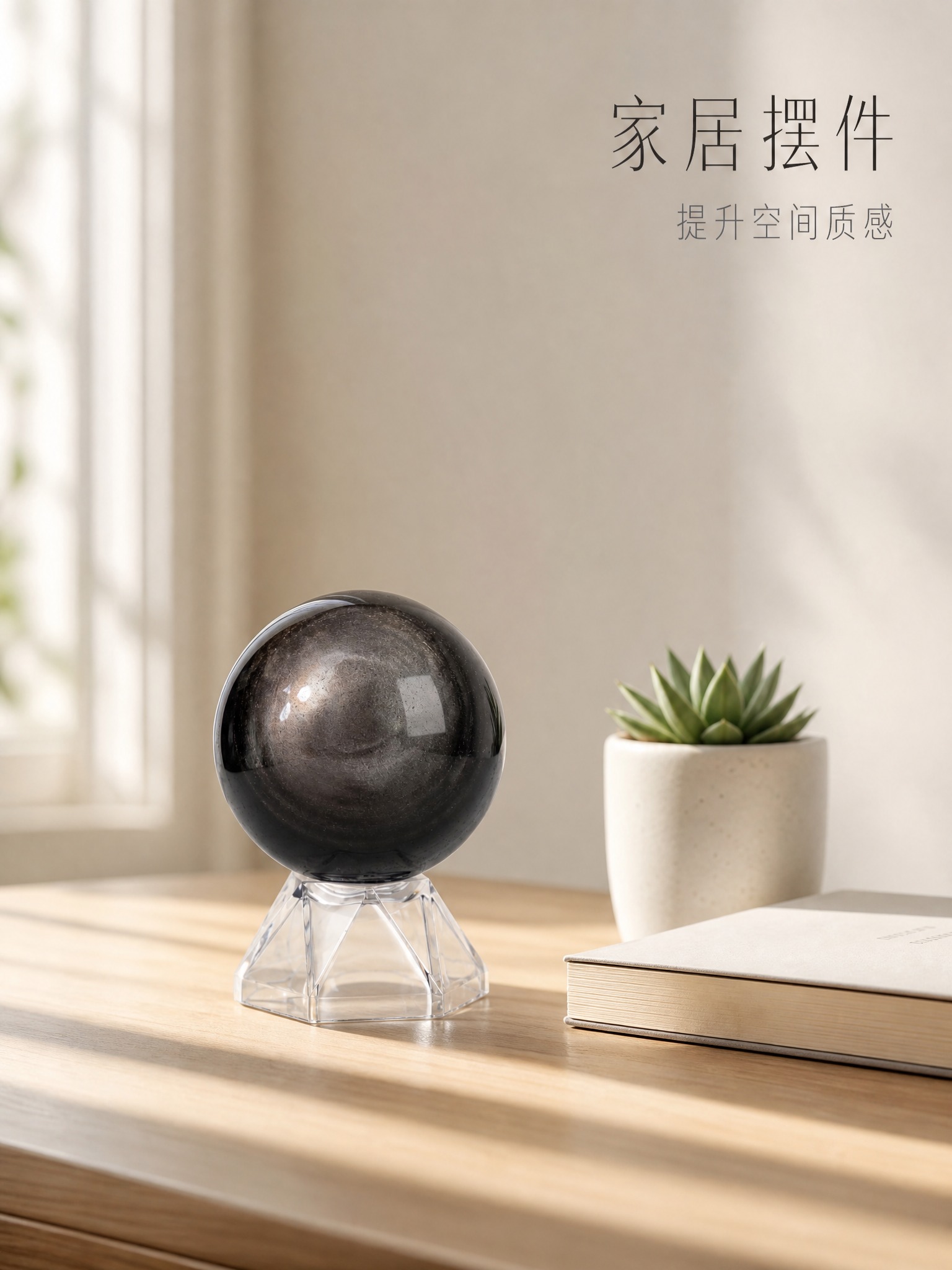 [主图-3] 银曜石水晶球家居场景展示，呈现摆件装饰效果与空间… - 图片创意预览