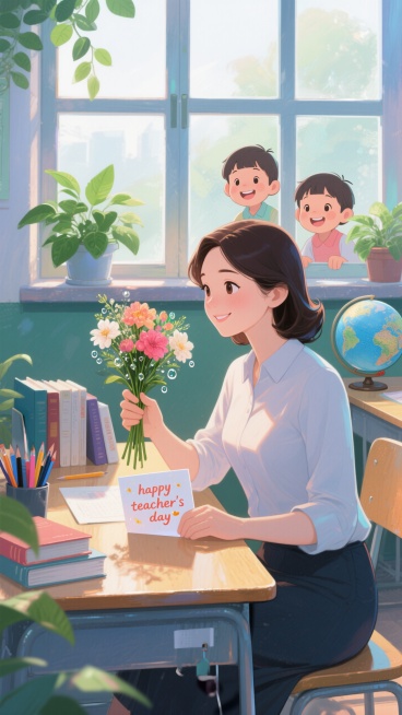 女老师坐在教师办公桌前，一手拿着一束鲜花另一只手拿着贺卡，贺卡上写着：happy teacher's day，桌子上有文具书本和地球仪等，桌子后面是一扇四格窗户，窗台上有一盆绿植，窗外两个可爱小朋友正预览效果