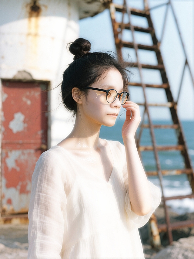 胶片风质感，东亚文艺少女在海边旧船旁，柔和光影与清透氛围交织，朦胧中透出清新唯美，实景感十足。