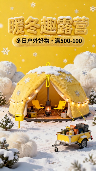 主体为黄色帐篷造型暖房（顶部积雪、黄色拉绳，内部设黄色露营椅、暖炉、露营装备，外围环绕暖黄串灯）；场景是飘雪的雪地，分布带雪黄杨、黄色信箱、载满露营好物的拖车；上方 3D 黄色毛绒字体设计的主副标题组预览效果