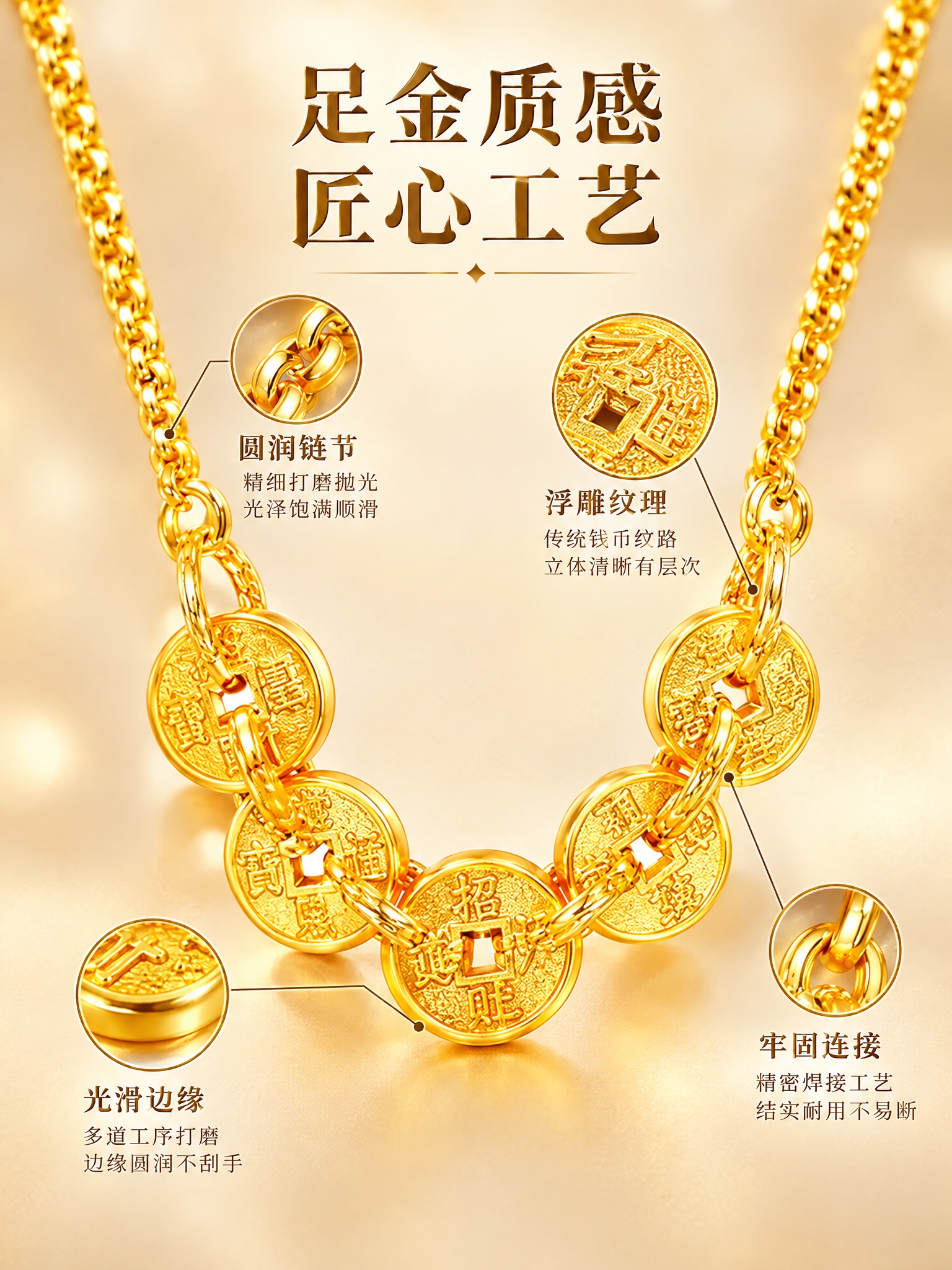 黄金项链细节展示主图，微距珠宝摄影风格。项链居中略微俯视，重点… - 图片创意预览