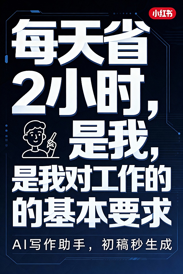 小红书文章封面设计：应用于
科技感与未来感交织，扁平风设计搭配霓虹灯效果，金属质感边框强化商务气息，大字风突出核心信息，传递AI写作助手高效办公的现代理念。
