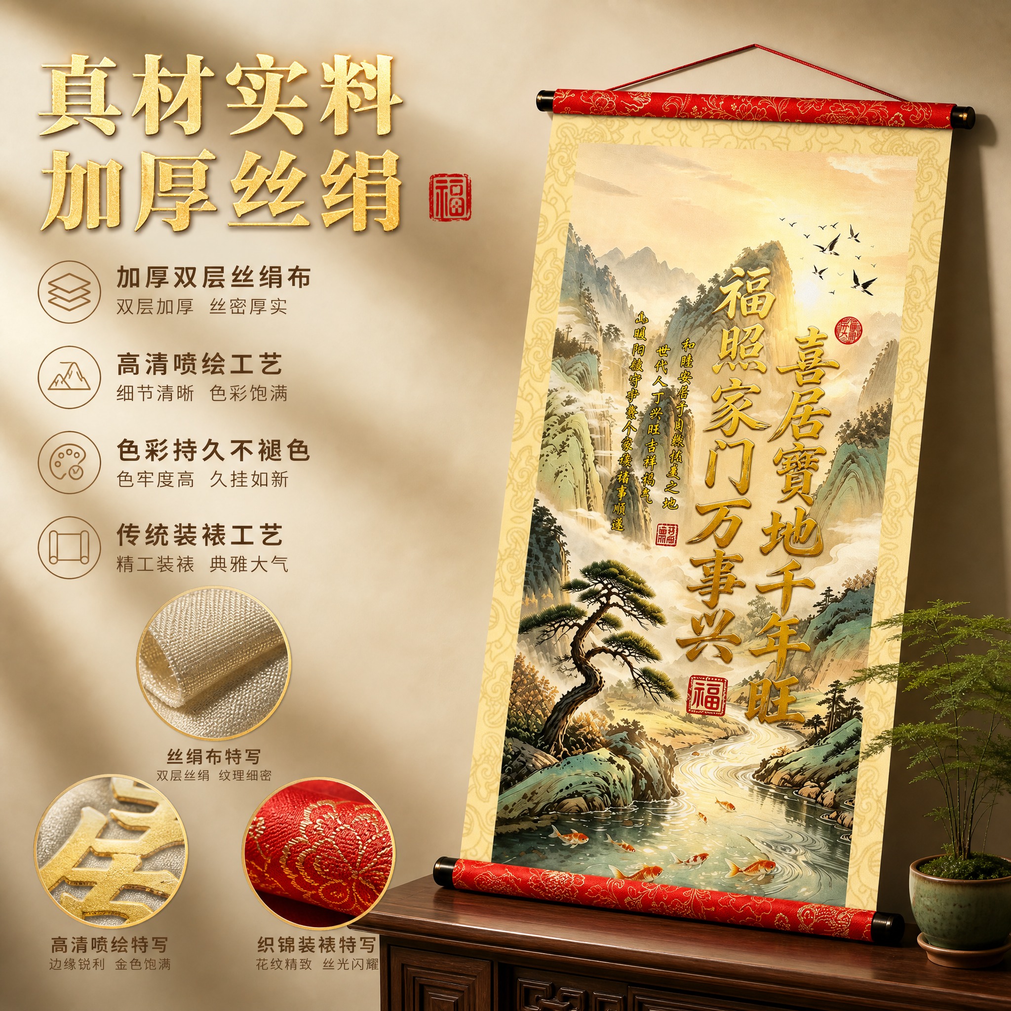 [主图-2] 正品山水福字卷轴挂画 材质细节卖点图 唯一任务：… - 图片创意预览