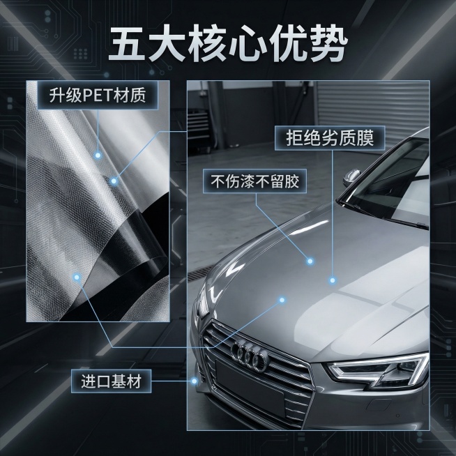 [主图 2] 核心卖点
[主图主题] 汽车改色膜核心优势展示
[氛围/风格] 专业科技风，突出材质优势
[画面元素] 左侧放置改色膜材质特写展示，右侧为改色完成的银灰色奥迪车局部引擎盖展示，用纤细引线预览效果