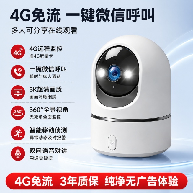 使用电商主图技能生成4张比例1:1的电商主图，适配平台为淘宝/天猫，商品为「图片1」，商品卖点为微信添加远程操控，4G免流无额外流量费，一键拨打微信电话，智能AI人形追踪，智能白光警示报警，双向语音对预览效果