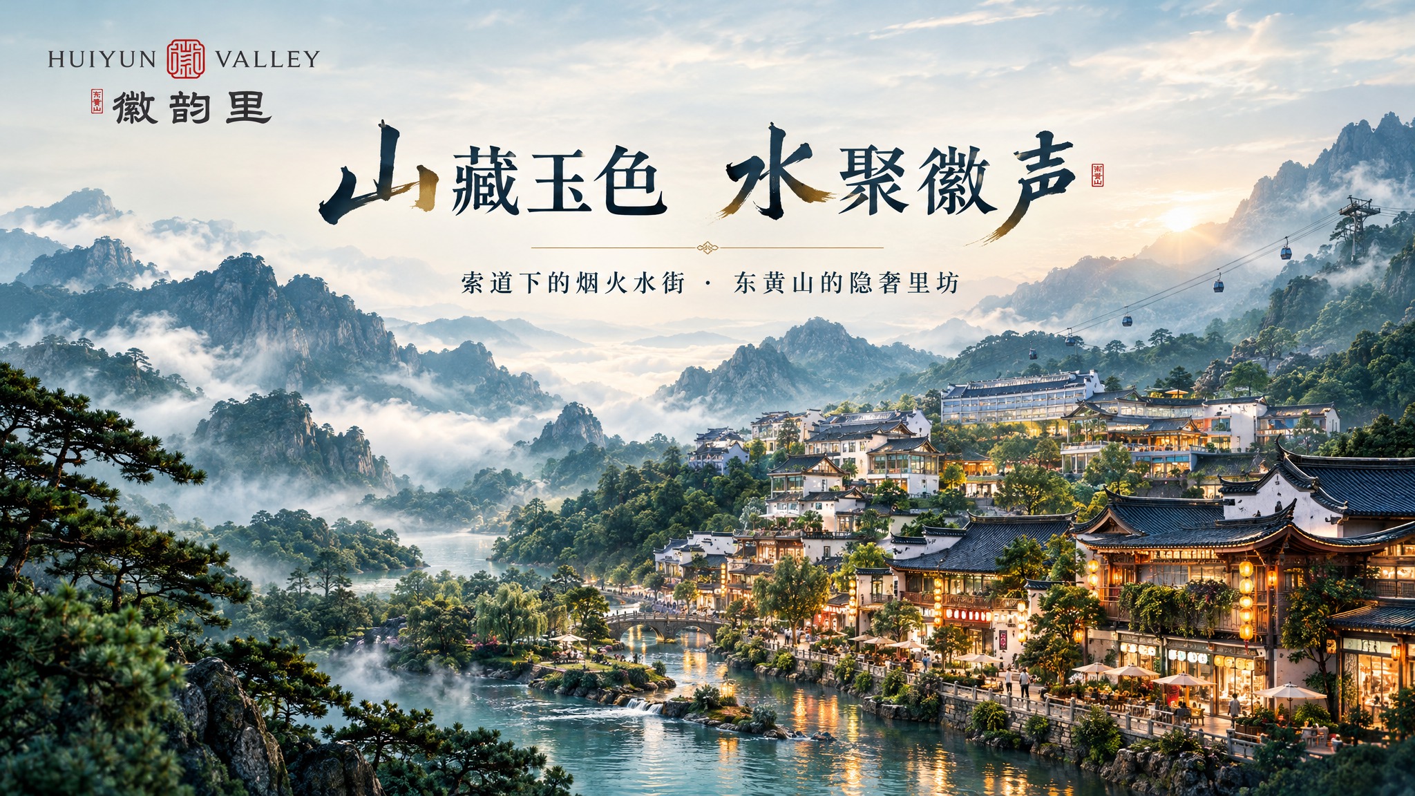 东黄山徽韵里文旅地产项目主视觉海报，16:9横版，新中式隐奢风… - 图片创意预览