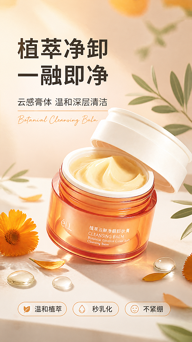 [第1张] 详情页头图-éLL植萃云融净颜卸妆膏主视觉海报。本张使用【图1】作为商品主体，保持产品橙红色罐体、米白色盖子、膏体颜色与包装文字完全一致。
[氛围/风格] 暖橙治愈系美妆风，柔光高级质感，清新植萃氛围，商业摄影级精致画面。
[元素布局] 卸妆膏罐置于画面中央偏右，开盖状态，占比约55%；左侧留标题区，底部为浅米色大理石台面；周围点缀金盏花花瓣、橄榄枝、透明水滴等植萃元素；罐体结构、颜色、文字与输入产品图一致。
[光影质感] 左上方柔和暖光照明，右下方自然投影，膏体表面有丝滑高光，整体通透明亮温暖。
[配色色系] 全局底色 #FFF5EE 暖杏色；主色暖橙渐变；辅助色米白、橄榄绿、金色点缀。
[视角构图] 45°斜侧微俯视，产品为视觉中心，阅读动线左上标题→中央产品→底部利益点。
[文字版式] 版式为左上标题+中央产品+底部信息条。主标题「植萃净卸 一融即净」，副标题「云感膏体 温和深层清洁」，两行黑体字左对齐；标题下英文装饰「Botanical Cleansing Balm」；底部3个胶囊形卖点icon：「温和植萃」「秒乳化」「不紧绷」；文字不遮挡罐身。
[比例分辨率] 9:16竖版比例，4K分辨率，文字清晰可辨，高清画质。
[负向提示词] 罐体变形，缺件错件，颜色偏差，水印，文字错乱，产品图模糊，背景杂乱，包装文字错误。