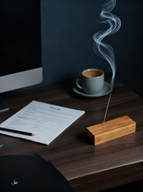 修改这张图片，将香线冒出的烟改为更美丽优雅的飘逸曲线造型，将原有的纸张替换为纸质简历，保留其余所有元素和构图不变，保持整体深色静谧办公桌面风格不变预览效果
