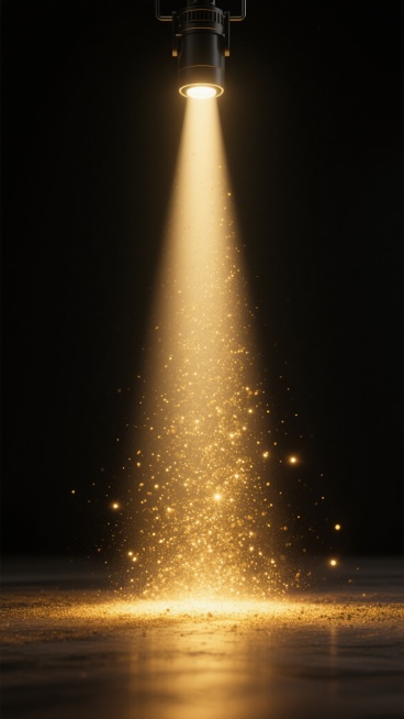 一束变换样式的聚光灯，其光线范围比原图更宽广柔和，金色的光束在纯黑色背景中倾泻而下，光束中悬浮着大量金色的细小尘埃颗粒，尘埃在光线下闪烁发光，光束底部在地面形成明亮的光斑，整体营造出神秘而梦幻的氛围，光影过渡自然，具有高质量的3D渲染质感。预览效果