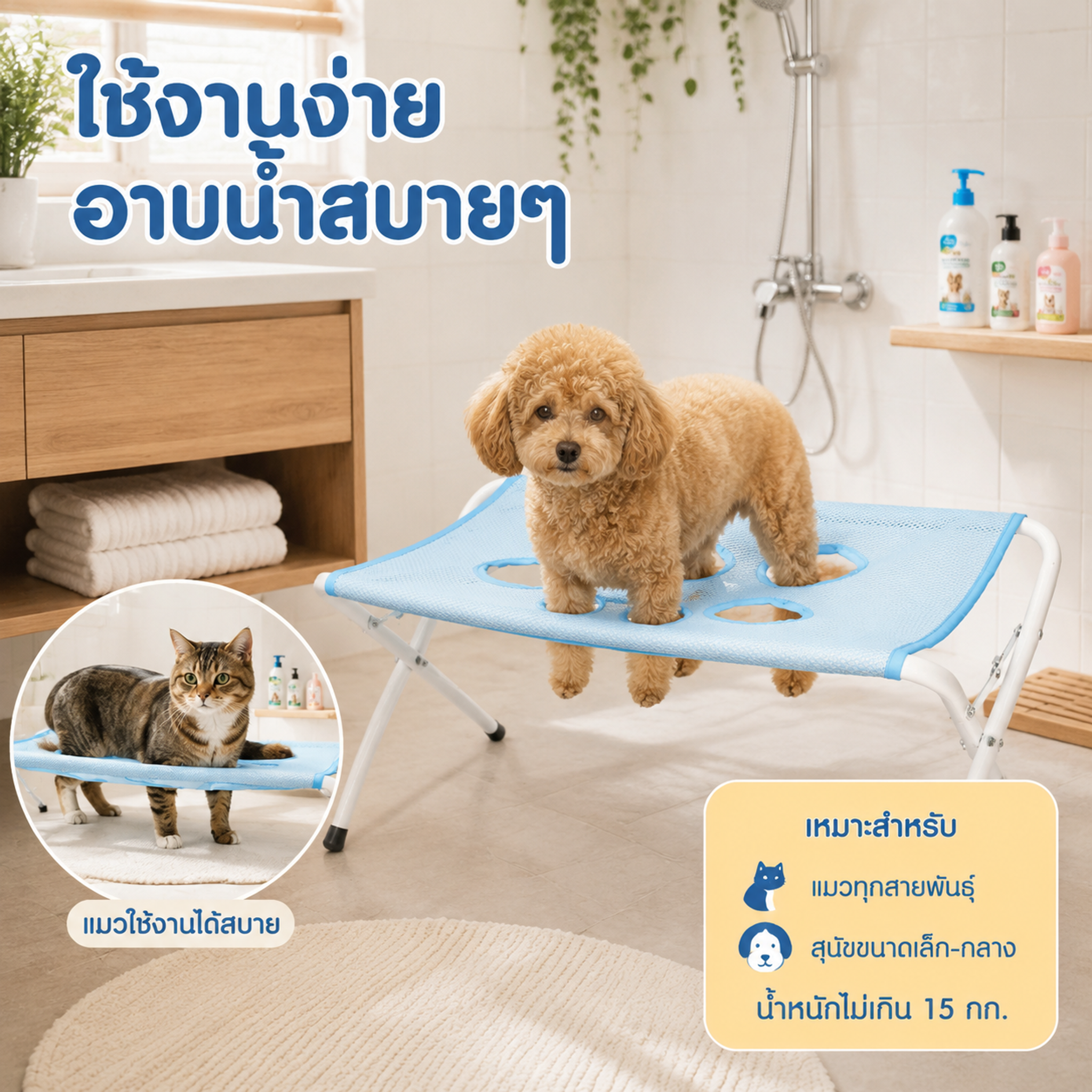 [主图-4] 使用场景与宠物体型适配图，猫狗洗澡架浴室真实使用… - 图片创意预览