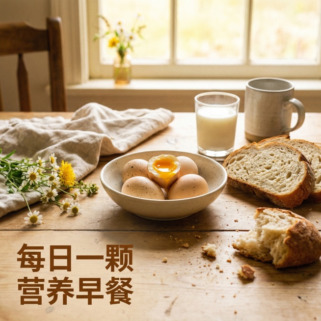 [主图主题] 农家谷物鸡蛋早餐场景体验
[氛围风格] 温馨生活风，自然晨光，真实生活氛围感
[画面元素] 早餐桌面上摆放着煮好的谷物鸡蛋，一颗鸡蛋对半切开露出溏心蛋黄，搭配旁边的面包和牛奶，阳光从窗户预览效果
