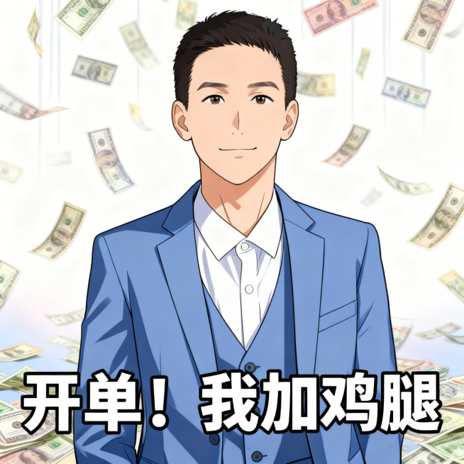 将图中男士转为日漫风格漫画表情包，保留真人形象特征，人物不要露齿笑，背景添加大量钞票往下洒落的效果，添加带黑色描边的白色文字“开单！我加鸡腿”，生成正方形图片预览效果