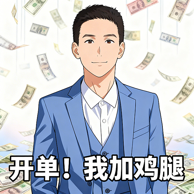 将图中男士转为日漫风格漫画表情包，保留真人形象特征，人物不要露齿笑，背景添加大量钞票往下洒落的效果，添加带黑色描边的白色文字“开单！我加鸡腿”，生成正方形图片