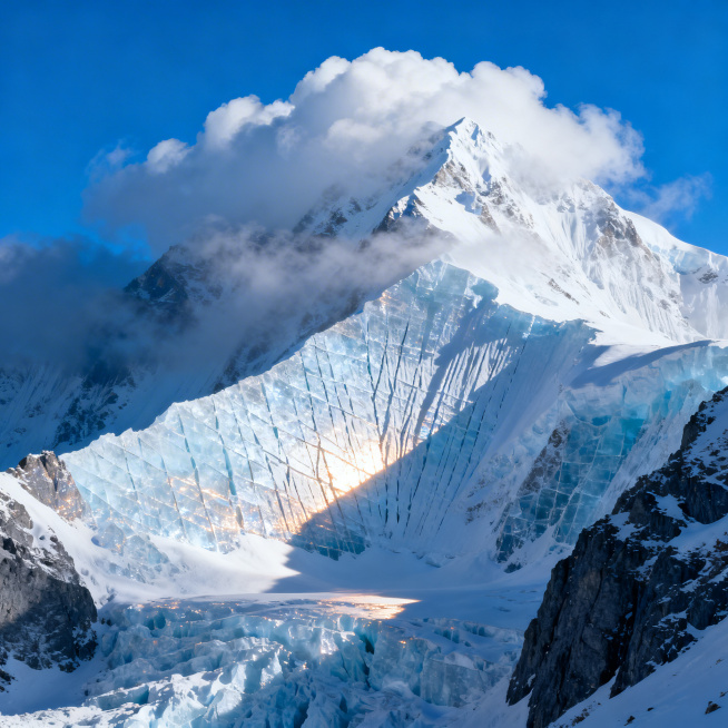 超写实自然风光，冬日雪山，峰顶白雪皑皑，蓝天纯净，山腰云雾缭绕，冰川纹理清晰，空气凛冽感真实预览效果