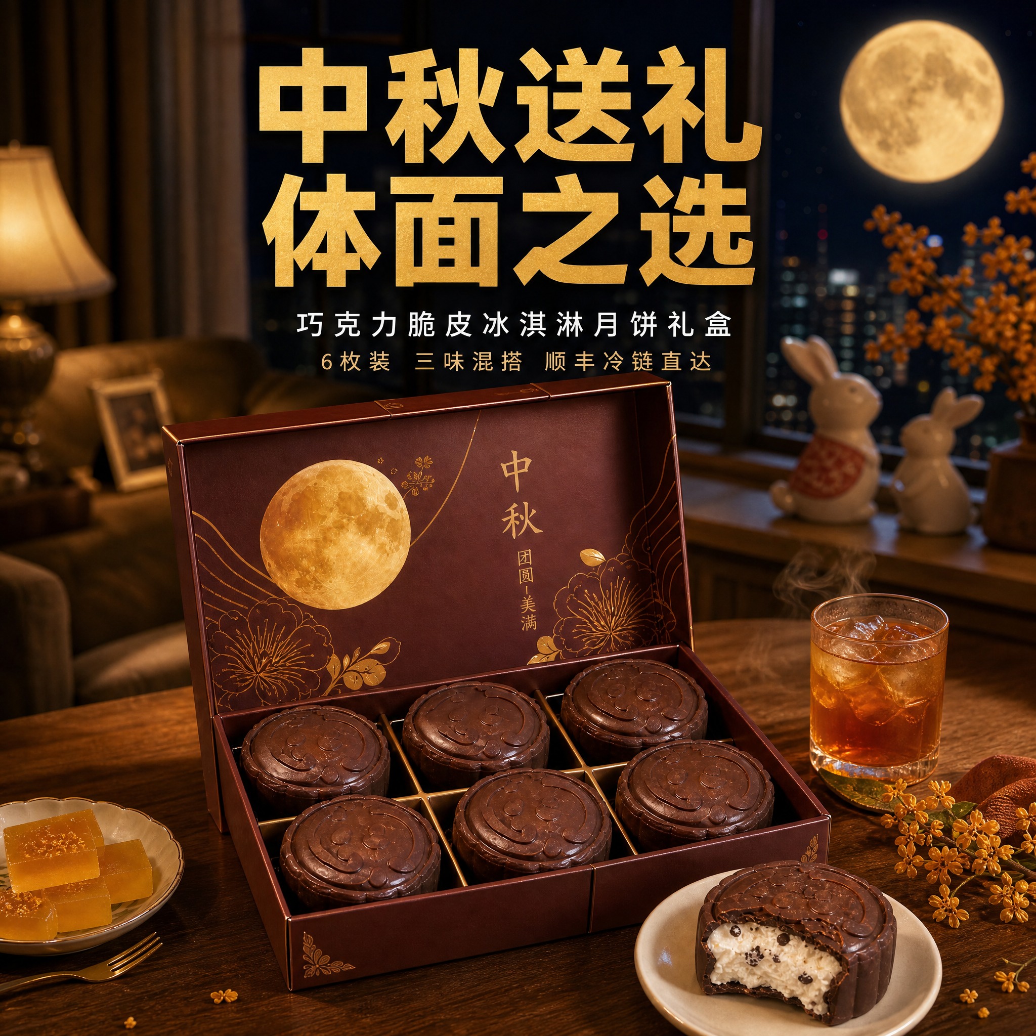 [主图-3] 中秋送礼礼盒场景冲击图，核心任务是用高端礼盒开箱… - 图片创意预览