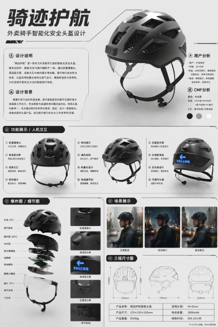 设计一张A3尺寸的产品设计展板，产品为"骑迹护航"外卖骑手智能化头盔，100%还原三张产品图中头盔的外形、结构、材质和颜色，不改变头盔本身的颜色和造型，参考第四张香薰机展板的版式骨架、分区布局、排版逻预览效果