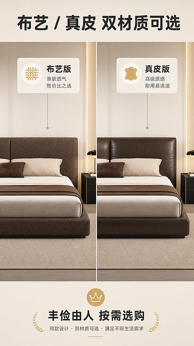 [商品] 使用【图1】现代简约高饱满软包齐边床；保留床头高饱满软包结构、宽屏齐边设计、低矮床身、整体比例；生成两个版本：左侧布艺版（深咖亚麻布艺纹理），右侧真皮版（深咖头层牛皮光泽质感），结构一致仅面料材质不同。
[画面] 目标：双材质可选展示，布艺/真皮双版本，丰俭由人。构图：左右分栏对比，左侧布艺版，右侧真皮版，中间竖线分隔，顶部通栏标题。主体：两张床并排展示，均为正面角度，床头软包特写突出材质差异。前中后景：统一浅米色背景+简约床头柜，突出材质对比，背景简洁不抢戏。场景：影棚式简洁展示空间，柔和均匀布光，清晰展现面料纹理与质感。
[视觉] 套系策略：风格=现代轻奢高级家居商业摄影；标题字=现代无衬线粗黑体；正文字=简洁无衬线体；主色=暖白+浅咖；背景延展=基于暖白浅咖做深浅层级、同色渐变和细腻织物/木饰面质感；强调色=暖金色，仅用于小面积图标、引线和标签；标题色=深炭灰；正文色=中暖灰；组件=圆角浅底信息卡、细线引线、金色点缀；光影=正面柔光，清晰展现材质纹理。
[文字] 顶部通栏主标题"布艺 / 真皮 双材质可选"，左侧标注"布艺版 亲肤透气 性价比之选"，右侧标注"真皮版 高级质感 耐用易清洁"，底部"丰俭由人 按需选购"，文字横向排版，对比清晰。
[规格] 图片比例9:16竖版，4K，避免变形、错字、文字过小、冷蓝/蓝灰背景、床颜色改变、结构失真、极限词。