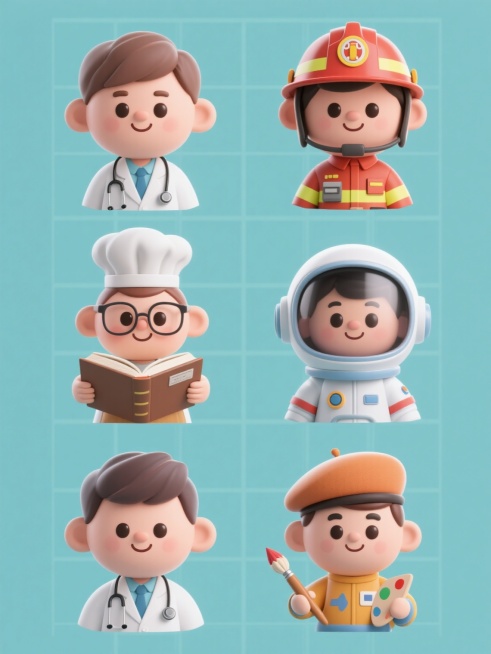 一系列6个不同职业的3D卡通风格人物头像集合，保持圆润可爱的造型、光滑细腻的材质、明亮柔和的光影效果和统一的纯色背景，每个头像人物都拥有大眼睛、微笑表情和独特的职业特征（如医生的白大褂与听诊器、厨师的厨师帽与围裙、消防员的头盔与制服、教师的眼镜与书本、宇航员的头盔与宇航服、艺术家的画笔与贝雷帽），整体采用规整的网格排布，确保风格统一且细节丰富。预览效果