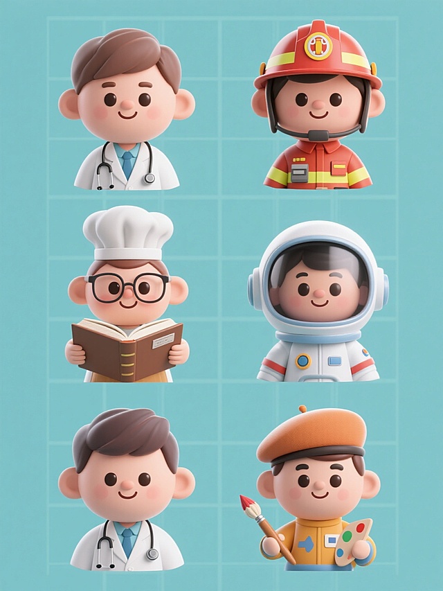 一系列6个不同职业的3D卡通风格人物头像集合，保持圆润可爱的造型、光滑细腻的材质、明亮柔和的光影效果和统一的纯色背景，每个头像人物都拥有大眼睛、微笑表情和独特的职业特征（如医生的白大褂与听诊器、厨师的厨师帽与围裙、消防员的头盔与制服、教师的眼镜与书本、宇航员的头盔与宇航服、艺术家的画笔与贝雷帽），整体采用规整的网格排布，确保风格统一且细节丰富。