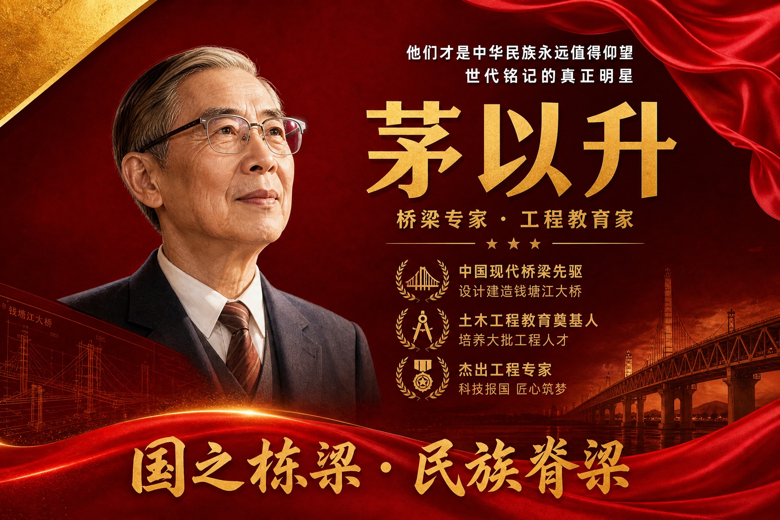 横版国之栋梁人物挂画海报，茅以升主题，参考图风格复刻，红金配色… - 图片创意预览