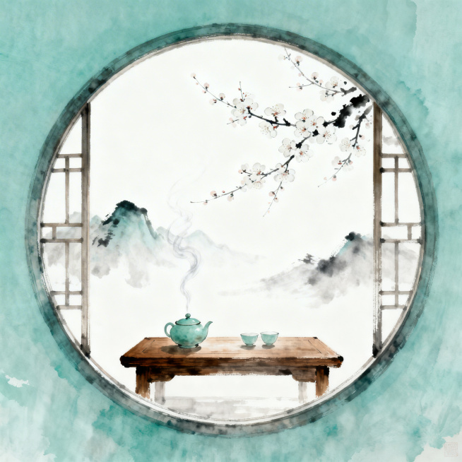 新中式水墨插画风格，画面核心为中式圆窗特写，正方形构图。窗内摆放木质茶桌，桌上放置青瓷茶具，一缕茶烟袅袅升起。窗外是淡墨渲染的远山和几枝盛放的梅花。整体采用淡青色与宣纸白为主色调，画面留白充分，营造悠预览效果
