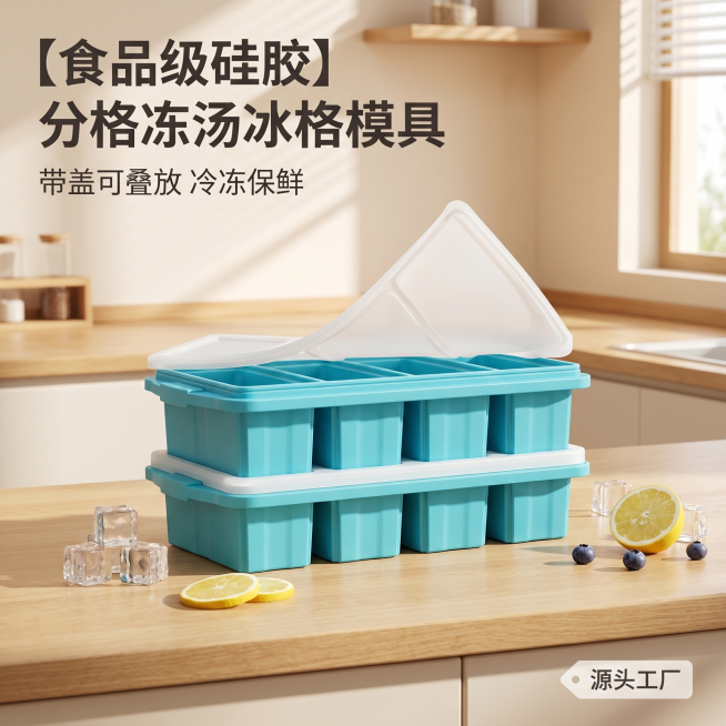 [主图 1] 冻汤硅胶模具冰格家居场景首图。[氛围/风格] 温馨舒适家居治愈风，商业摄影质感，光线柔和通透，产品清晰真实，画面干净高级。[元素/光影] 青蓝色带白色盖子的冻汤硅胶冰格模具产品居中放置在预览效果