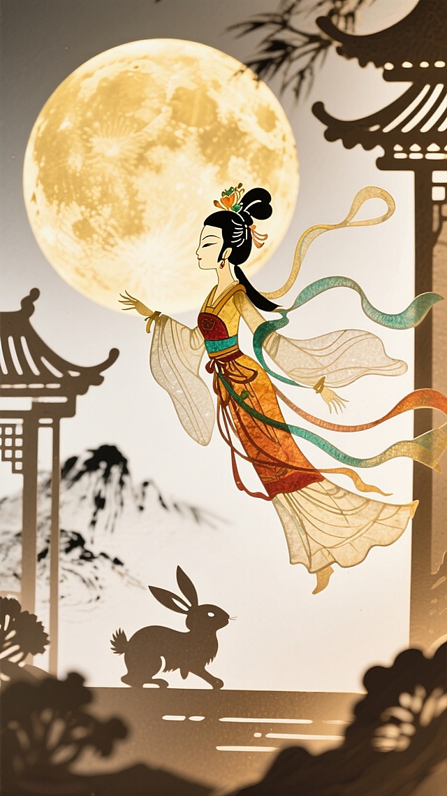 嫦娥衣袂飘飘，飞向一轮巨大的明月，月宫中玉兔的剪影依稀可见。画面以水墨丹青的风格呈现，有泼墨的笔触和飞白，整体感觉空灵、飘逸、有仙气，留白较多，富有诗意。