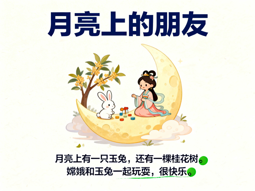 PPT内容页，标题"月亮上的朋友"，正文内容："月亮上有一只玉兔，还有一棵桂花树。嫦娥和玉兔一起玩耍，很快乐。"，配图是卡通嫦娥和玉兔在月亮上一起玩游戏的温馨场景，关键词"朋友""快乐"用绿色点缀，大预览效果