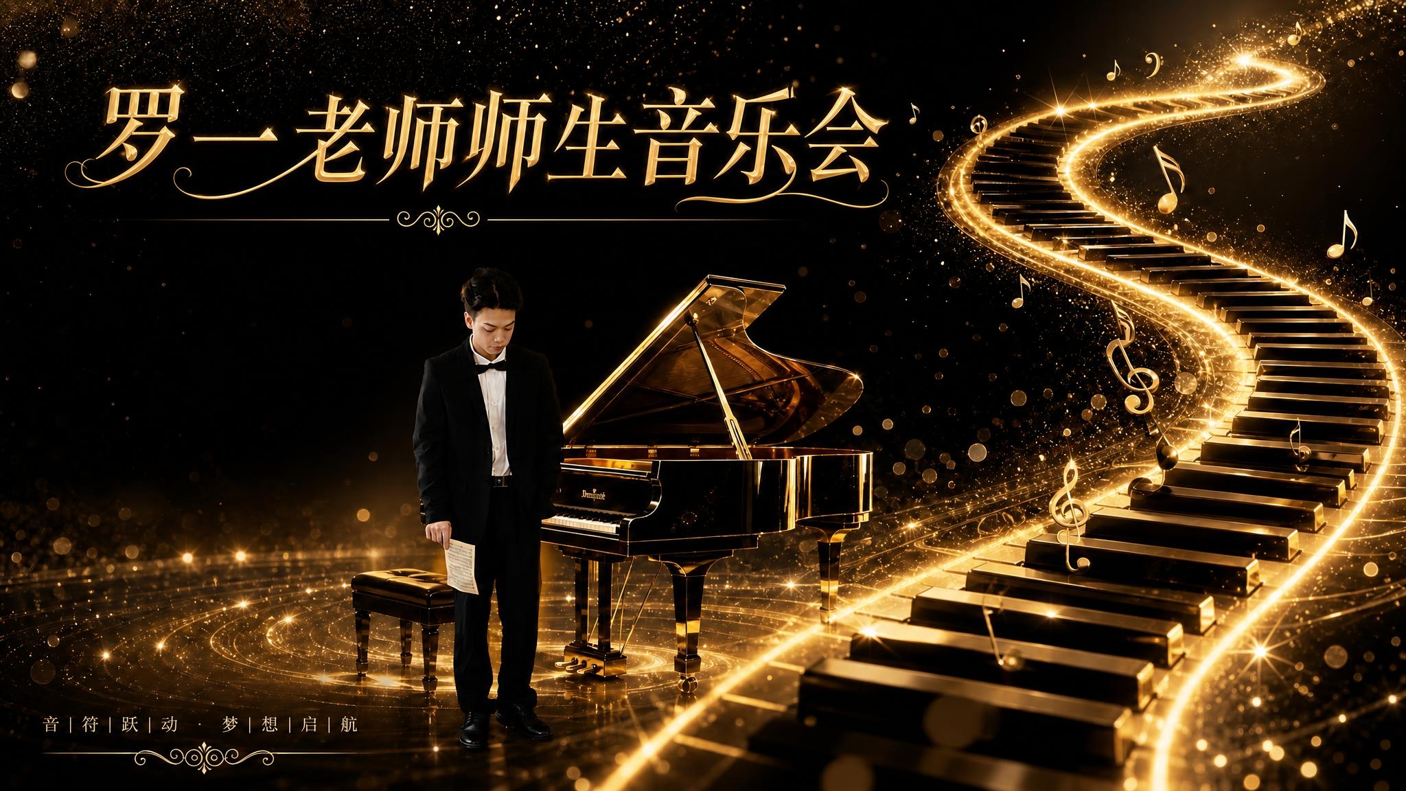 16:9横版黑金音乐会海报，保留主标题"罗一老师师生音乐会"和… - 图片创意预览