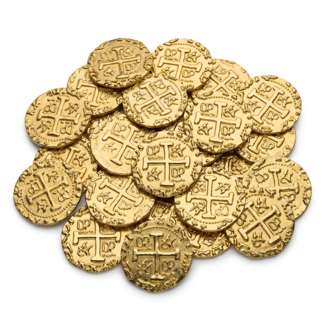 将图中的金币改成多个金币堆放在一起，微俯视视角，背景为纯白色，保持金币的细节和质感预览效果