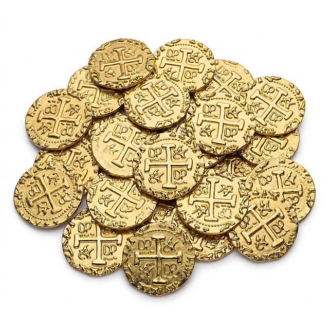 将图中的金币改成多个金币堆放在一起，微俯视视角，背景为纯白色，保持金币的细节和质感
