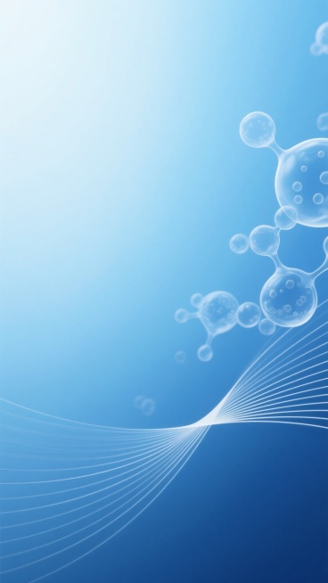 蓝色渐变背景，由浅至深的柔和蓝色调自然过渡，带有细腻的光影效果，呈现出宁静而通透的氛围。右下角有一组白色的曲线线条，线条纤细流畅，呈放射状排列，富有动感和设计感。在背景中融入细胞分子元素，这些元素以半透明的形态分布，与蓝色背景和谐融合，保持整体画面的简洁与科技感。预览效果