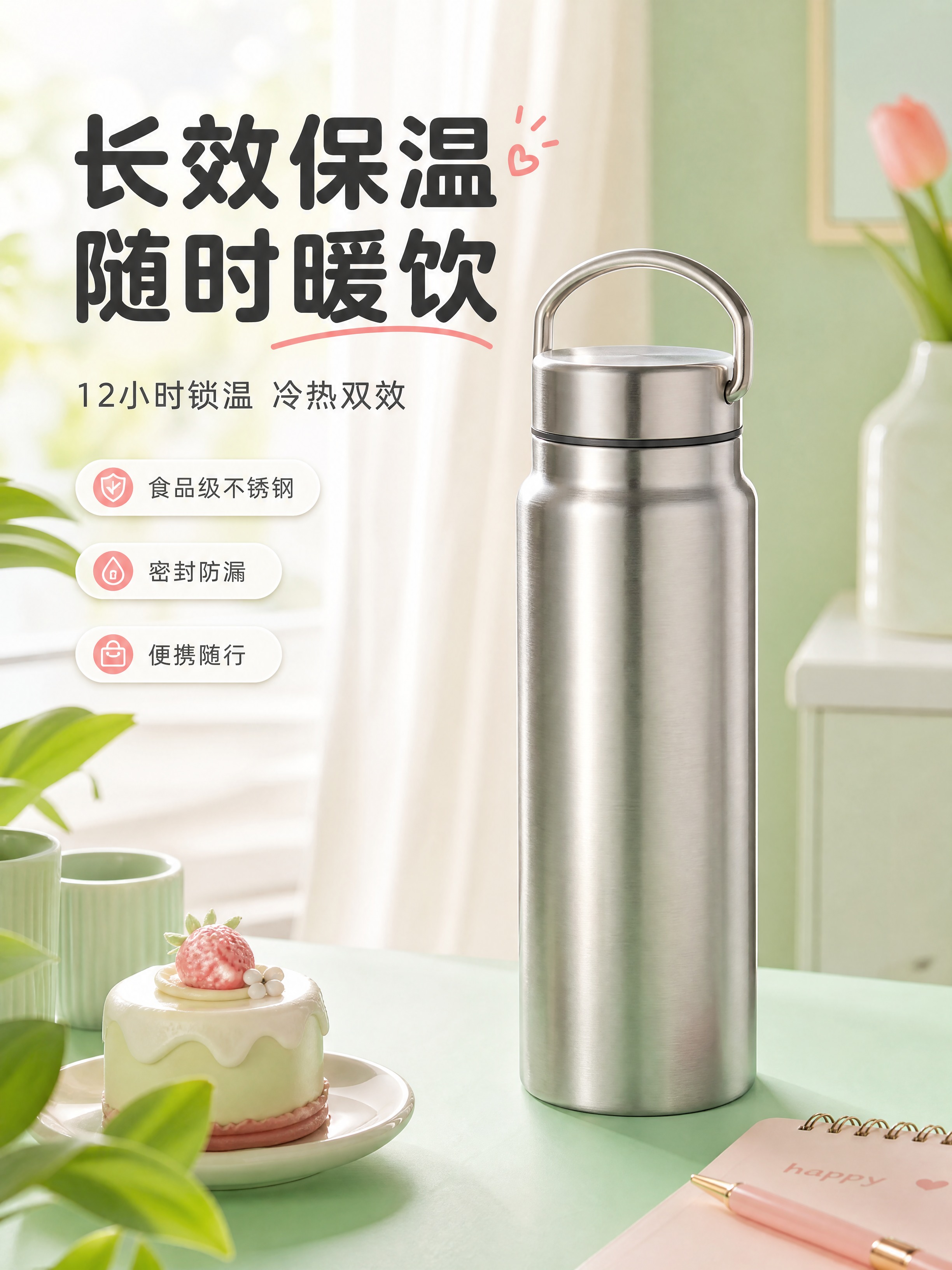 [商品] 不锈钢保温杯，经典直身杯型，不锈钢拉丝质感，杯盖带提… - 图片创意预览