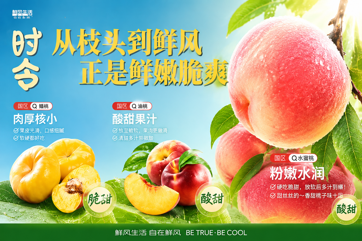 参考上传图片的版式骨架，生成一张生鲜桃子宣传海报，整体风格为写… - 图片创意预览