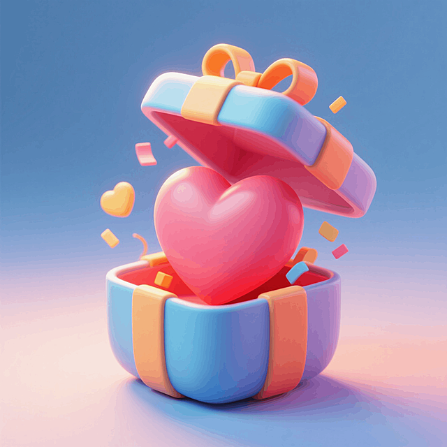 礼盒里有爱心，周围点缀一些装饰元素