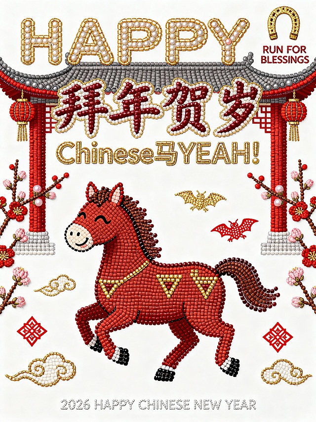 国潮风刺绣风格，以珠绣重拟物手法呈现卡通骏马，融合中式牌坊、灯笼与梅花元素，喜庆祥瑞，传递2026新春祝福。