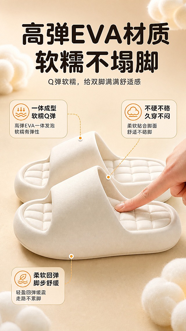 [商品] 使用【图1】米白色EVA一字拖；保留一字带、方格纹鞋垫、圆润厚底、米白颜色和EVA材质质感；增强材质软糯Q弹的视觉表现，不改变版型和结构。
[画面] 页面目标：展示高弹EVA材质，软糯不塌脚。构图：产品居中偏下，上方大标题，四周用引线标注材质特点；产品旁加手部按压动作示意柔软回弹。景别：中近景。阅读动线：标题→产品→引线卖点。前景：手部轻按拖鞋带，中景：拖鞋主体，后景：暖米色渐变背景+柔软云朵/棉花元素点缀。
[视觉] 套系策略：风格=拼多多接地气大字报商业摄影风；标题字=粗黑圆角黑体；正文字=清晰无衬线黑体；主色=暖米杏；背景延展=基于暖米杏做深浅层级、同色渐变和细腻哑光质感；强调色=暖橙色，仅用于小面积标签、图标和高亮；标题色=深棕黑；正文色=中暖灰；组件=圆角信息卡、细线引线、胶囊标签；光影=左前侧暖柔光，产品下方柔和投影。
[文字] 顶部大主标题"高弹EVA材质 软糯不塌脚"；三条引线卖点："一体成型 软糯Q弹""不硬不硌 久穿不闷""柔软回弹 脚步舒缓"。文字全部横排，字号大，手机端清晰可读，不遮挡产品主体。
[规格] 图片比例9:16竖版，4K，避免变形、错字、文字过小、冷蓝/蓝灰背景、产品颜色改变、版型失真、极限词。