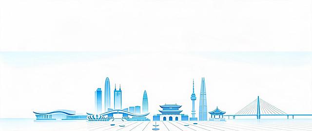 将图片整体变清晰，保留原图浅蓝色渐变城市建筑剪影，保持所有元素结构和位置不变，提升分辨率和清晰度，优化线条细节，保持简约干净风格