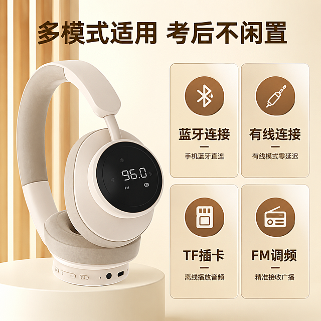 「图片1」，生成一套主图（5张），商品名称是蓝牙耳机，卖点是四六级考试专用蓝牙耳机，既可蓝牙连接又可有线连接，可播放TF卡音频，可接收调频广播，风格偏青春阳光，适配淘宝/天猫平台，主图比例为1:1
