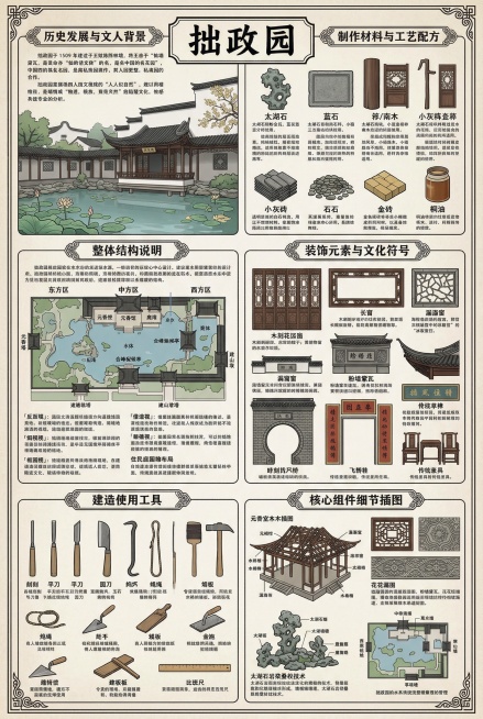 复古精致信息密度高的A3信息可视化展板，主题是苏州拙政园。色彩以粉墙黛瓦的黑白灰、木作深褐色、太湖石青灰色为主，点缀荷塘碧绿与金桂淡黄。包含六大板块：1.历史发展与文人背景：说明拙政园明正德1509年预览效果