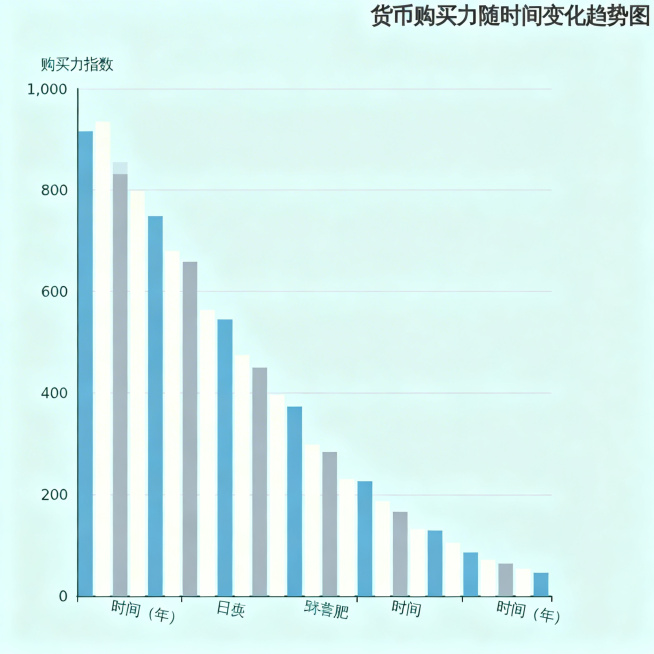 生成一张购买力下降主题的金融图表，展示货币购买力随时间逐步降低的趋势，延续低饱和度专业金融风格，使用柱状图清晰呈现，简洁直观预览效果