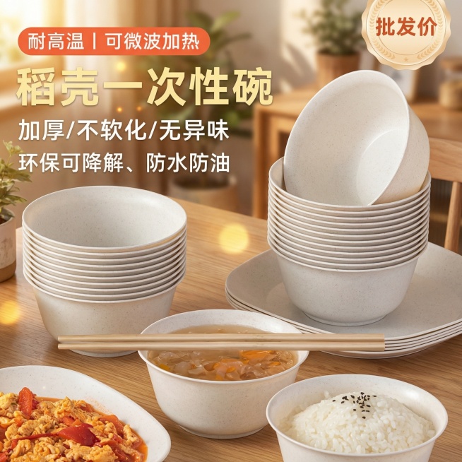 为稻壳一次性碗更换温馨居家餐桌背景，保留产品本身结构和原有卖点文字，新增卖点：环保可降解、防水防油，添加阳光光斑提升氛围感，整体为国内电商暖调柔焦风格，保持产品清晰不变形预览效果