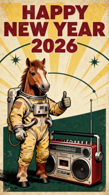 核心氛围：怀旧未来主义，复古科幻，乐观的探索精神。
 推荐标题：迈向新年，马上启航
画面描述：1950年代复古科幻海报风格，采用丝网印刷质感和有限的复古配色（如鹅黄、暗红、墨绿）。一匹穿着简朴太空服的预览效果